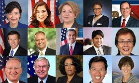 '一排左起：国会议员赵美心（Judy Chu）、Loretta Sanchez、Linda Sanchez、Karen Bass、加州参议员Bob Huff；二排左起：国会议员John Campbell、加州众议员Ed Hernandez、洛杉矶市长Antonio Villaraigosa、州参议员Kevinde Leon、刘璇卿（Carol Liu）；三排左起：国会议员Howard McKeon、洛杉矶县政委员Michael Antonovich、洛杉矶市议员Jan Perry、加州众议员周本立（Ed Chau）、州参议员Mimi Walters。'