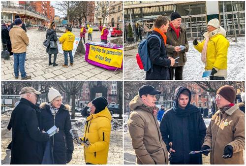 '斯德哥尔摩市中心，法轮功学员向当地民众介绍什么是法轮功以及中共迫害法轮功、活摘法轮功学员器官的事实真相。'